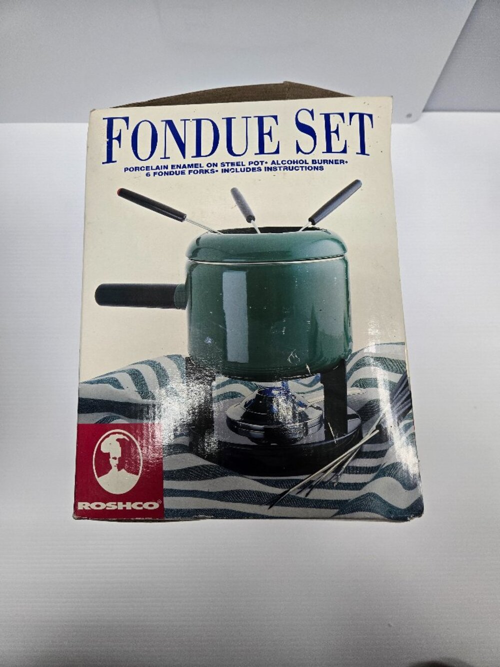Rare Hunter Green Roshco Porcelain Enamel Fondue Pot Set 58901 Vintage Green